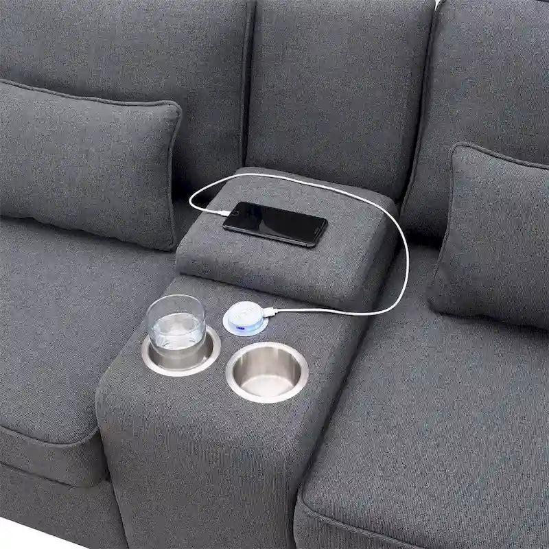 Canapé revêtu Merax 114.2 avec console, 2 porte-gobelets et 2 ports USB, avec chargement filaire ou sans fil