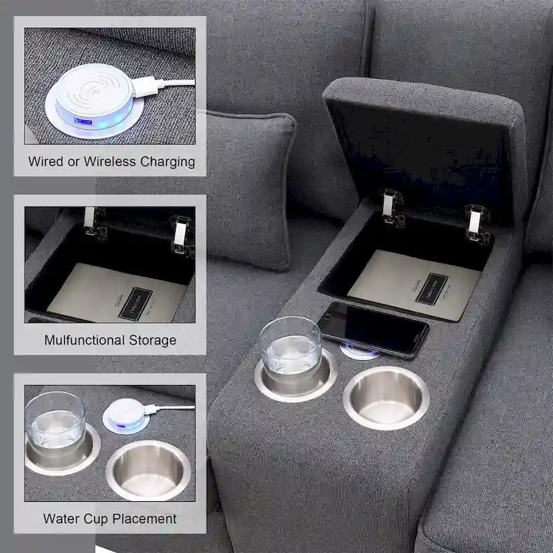 Canapé revêtu Merax 114.2 avec console, 2 porte-gobelets et 2 ports USB, avec chargement filaire ou sans fil
