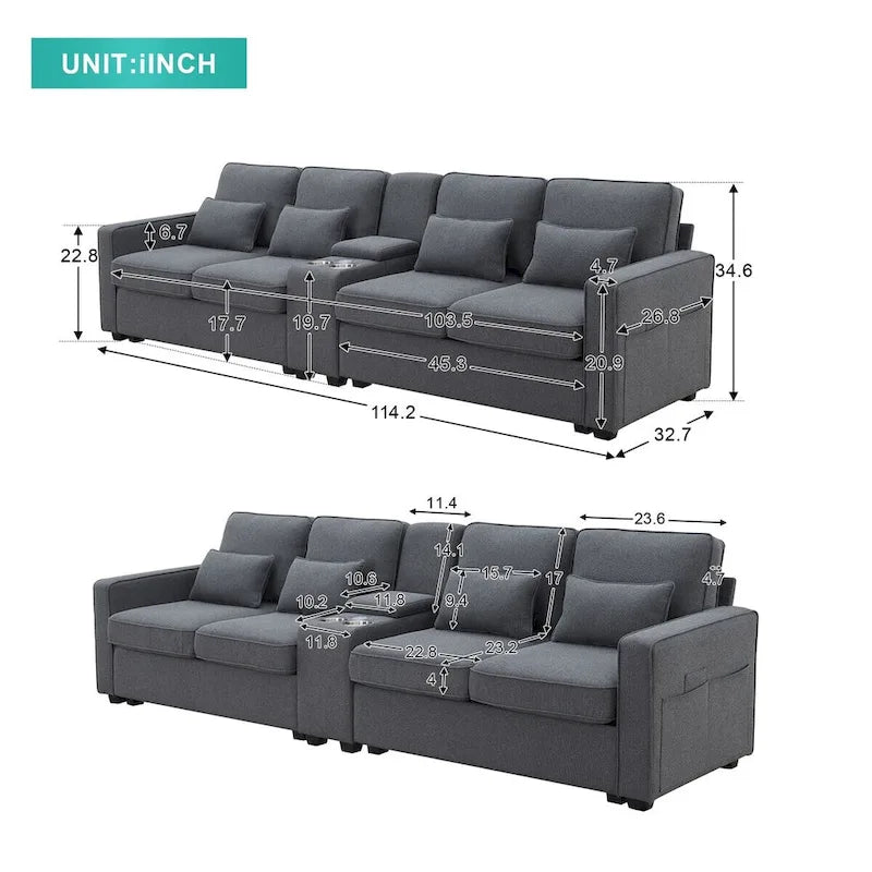 Canapé revêtu Merax 114.2 avec console, 2 porte-gobelets et 2 ports USB, avec chargement filaire ou sans fil