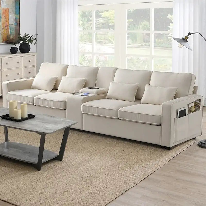 Canapé revêtu Merax 114.2 avec console, 2 porte-gobelets et 2 ports USB, avec chargement filaire ou sans fil