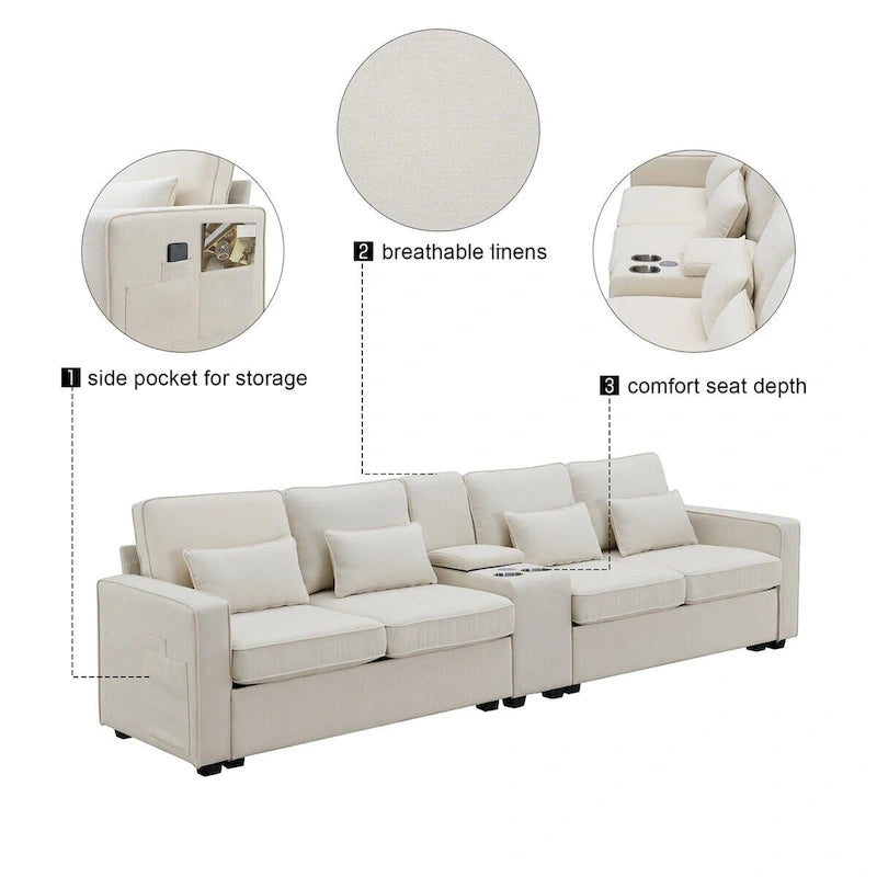 Canapé revêtu Merax 114.2 avec console, 2 porte-gobelets et 2 ports USB, avec chargement filaire ou sans fil
