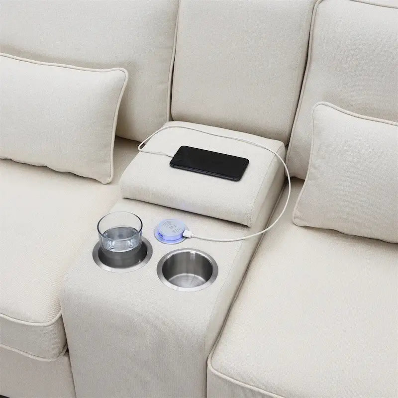 Canapé revêtu Merax 114.2 avec console, 2 porte-gobelets et 2 ports USB, avec chargement filaire ou sans fil