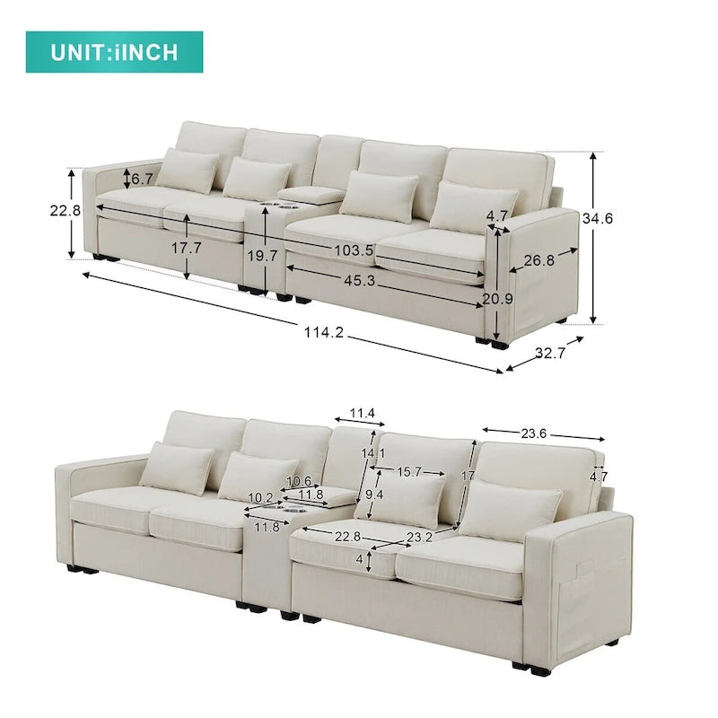 Canapé revêtu Merax 114.2 avec console, 2 porte-gobelets et 2 ports USB, avec chargement filaire ou sans fil