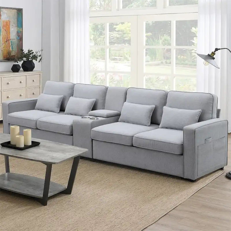Canapé revêtu Merax 114.2 avec console, 2 porte-gobelets et 2 ports USB, avec chargement filaire ou sans fil