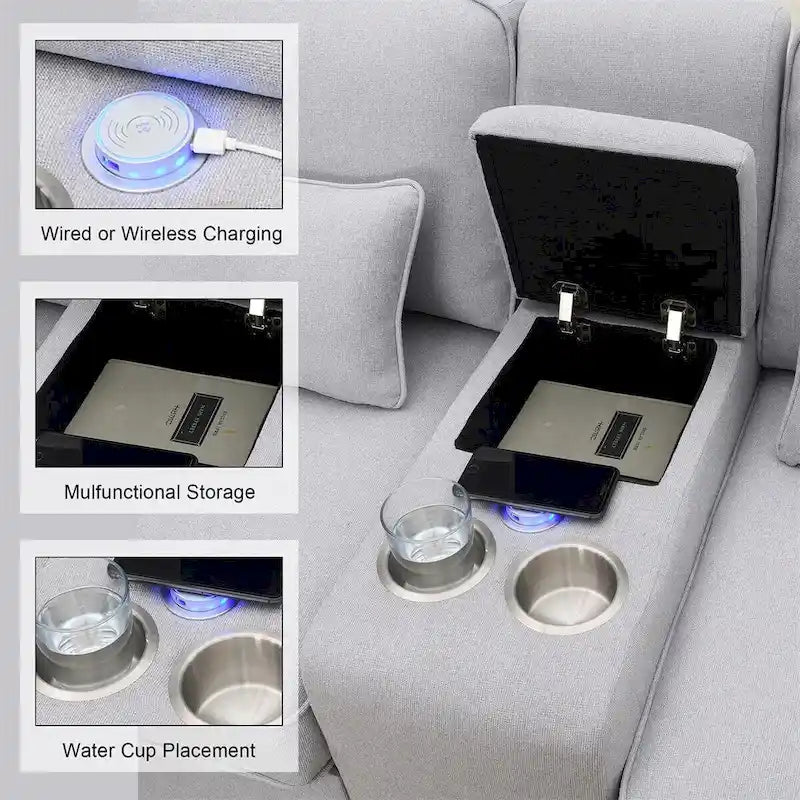 Canapé revêtu Merax 114.2 avec console, 2 porte-gobelets et 2 ports USB, avec chargement filaire ou sans fil