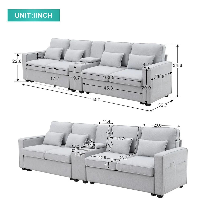Canapé revêtu Merax 114.2 avec console, 2 porte-gobelets et 2 ports USB, avec chargement filaire ou sans fil