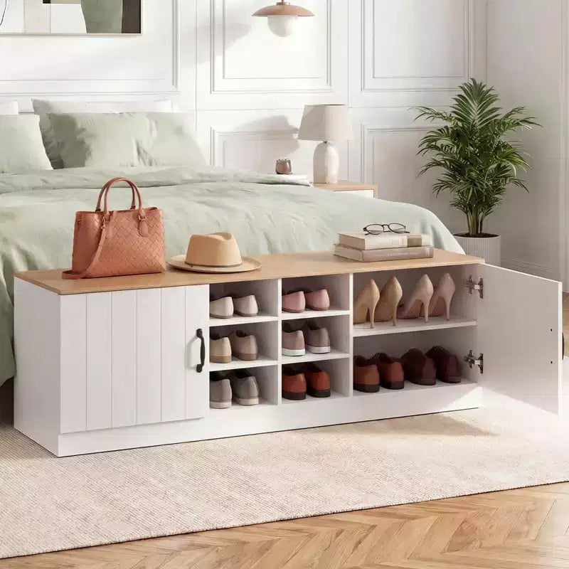 Ławka na buty z 2 drzwiami, regulowanymi półkami i ukrytą przestrzenią do przechowywania, naturalny + biały/Whi5te