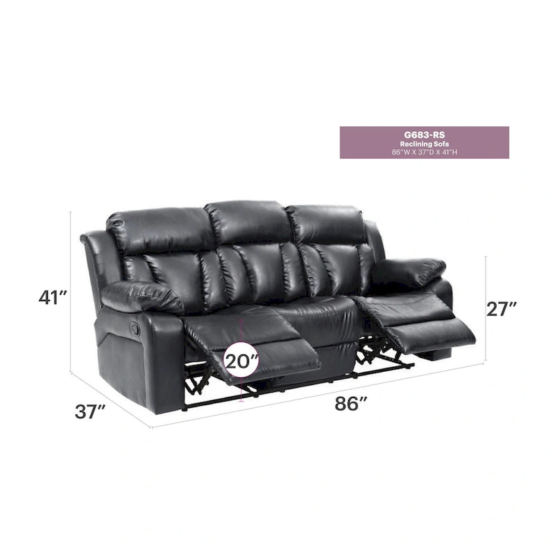 Daria rechte relaxbank van imitatieleer met uitlopende armleuningen, 85 in. B - 37L x 85W x 41H