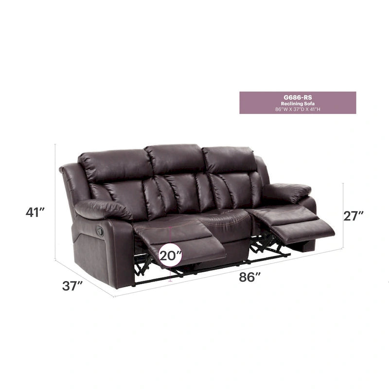 Daria rechte relaxbank van imitatieleer met uitlopende armleuningen, 85 in. B - 37L x 85W x 41H