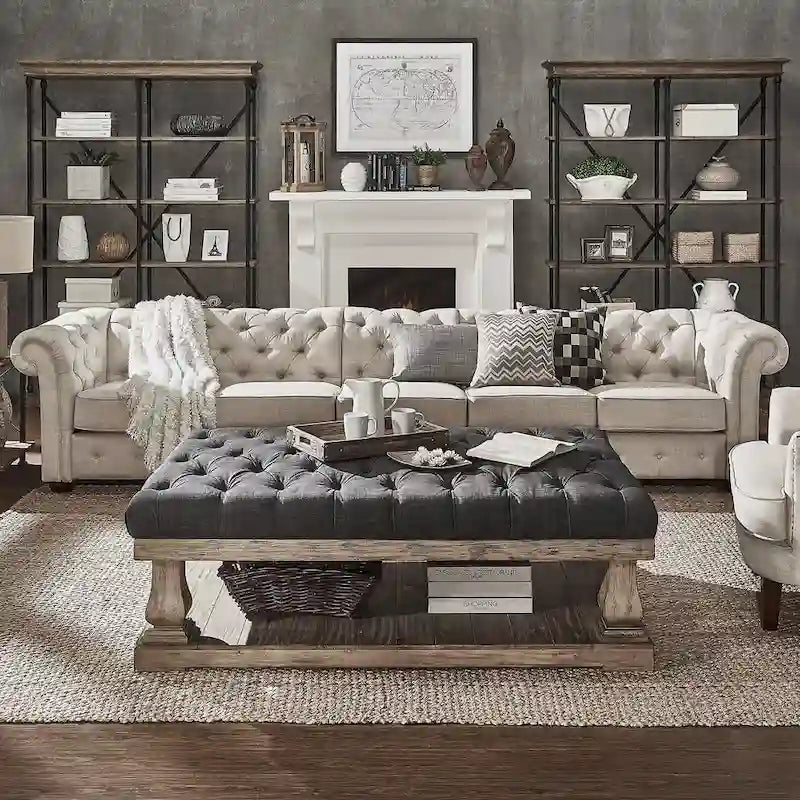 Divano modulare Chesterfield Knightsbridge in lino beige con capitonné di iNSPIRE Q Artisan