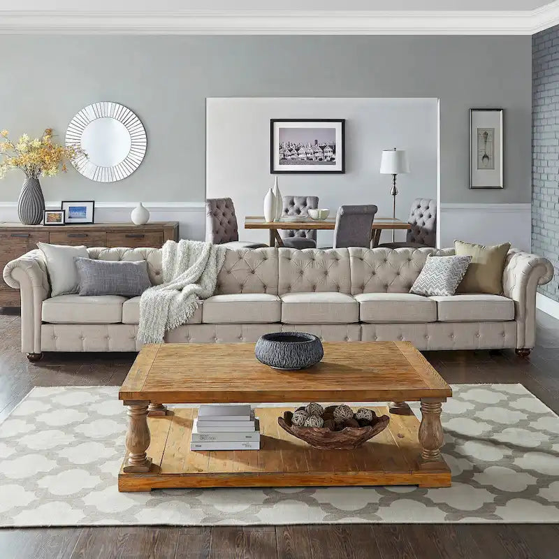 Divano modulare Chesterfield Knightsbridge in lino beige con capitonné di iNSPIRE Q Artisan