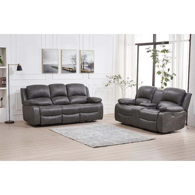 Betsy Furniture 2 részes, ragasztott bőr borítású, motorosan dönthető nappali garnitúra: kanapé és kétszemélyes kanapé