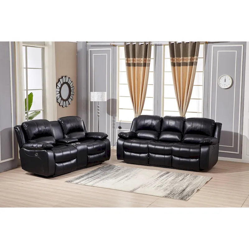 Betsy Furniture 2 részes, ragasztott bőr borítású, motorosan dönthető nappali garnitúra: kanapé és kétszemélyes kanapé