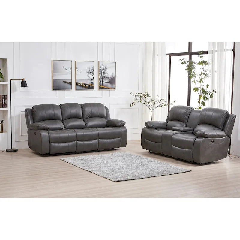 Betsy Furniture 2 részes, ragasztott bőr borítású, motorosan dönthető nappali garnitúra: kanapé és kétszemélyes kanapé