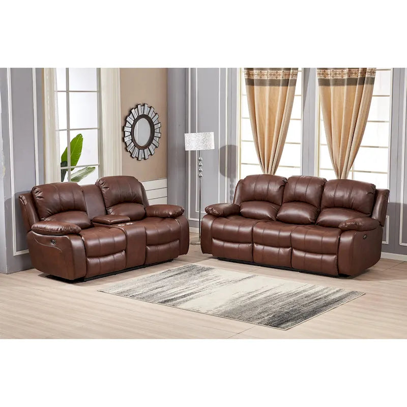 Betsy Furniture 2 részes, ragasztott bőr borítású, motorosan dönthető nappali garnitúra: kanapé és kétszemélyes kanapé