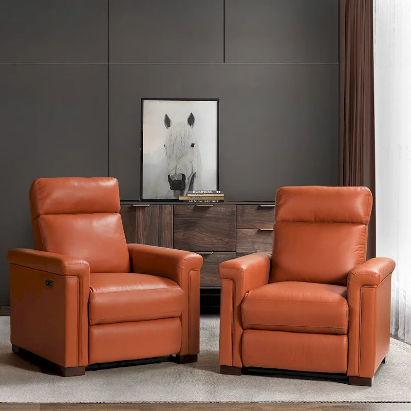 Sillón reclinable eléctrico clásico contemporáneo Alicia de cuero genuino de 34.65 de ancho, con puerto USB (juego de 2)
