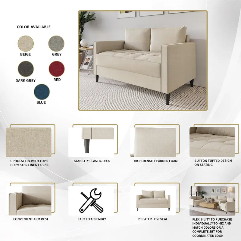 CraftPorch zeitgemäßes minimalistisches Loveseat mit Leinenbezug