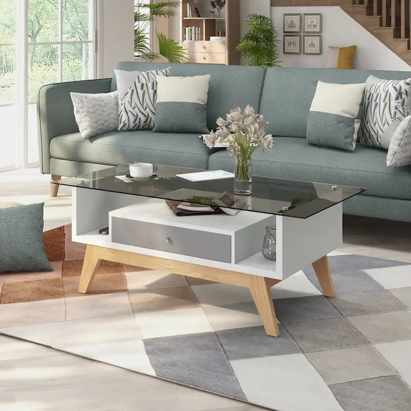 Tevi moderner Couchtisch mit 47-Zoll-Glasplatte und 1 Ablage von Furniture of America