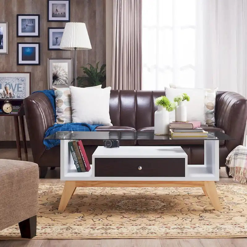 Tevi moderner Couchtisch mit 47-Zoll-Glasplatte und 1 Ablage von Furniture of America