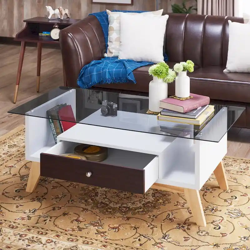 Tevi moderner Couchtisch mit 47-Zoll-Glasplatte und 1 Ablage von Furniture of America