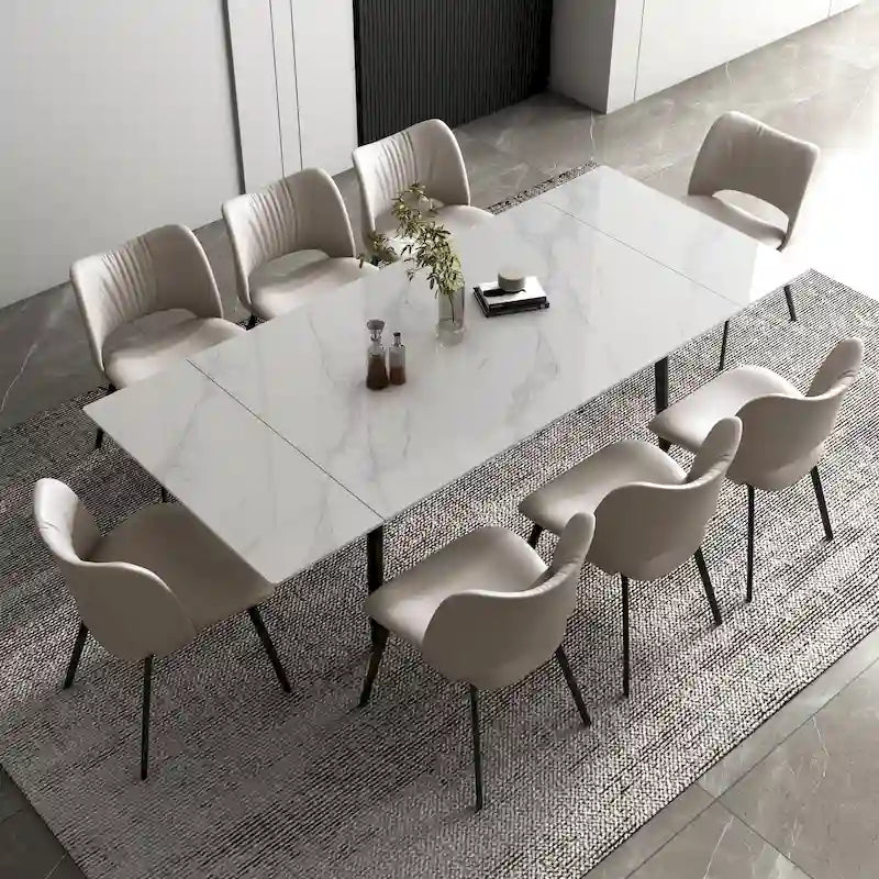 9-delige uitschuifbare eetkamerset van 62.9 tot 94.4 inch, met blad van gesinterd steen en 8 stoelen
