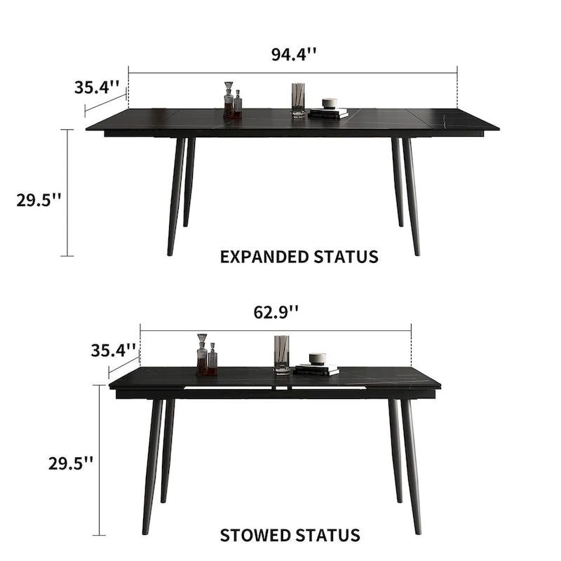 Set da pranzo da 9 pezzi con tavolo allungabile da 62.9 inch a 94.4 inch, piano in pietra sinterizzata e 8 sedie