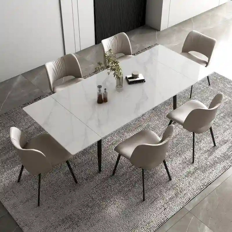 Set da pranzo da 9 pezzi con tavolo allungabile da 62.9 inch a 94.4 inch, piano in pietra sinterizzata e 8 sedie