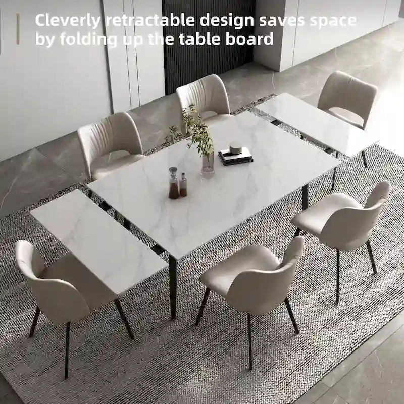 Set da pranzo da 9 pezzi con tavolo allungabile da 62.9 inch a 94.4 inch, piano in pietra sinterizzata e 8 sedie
