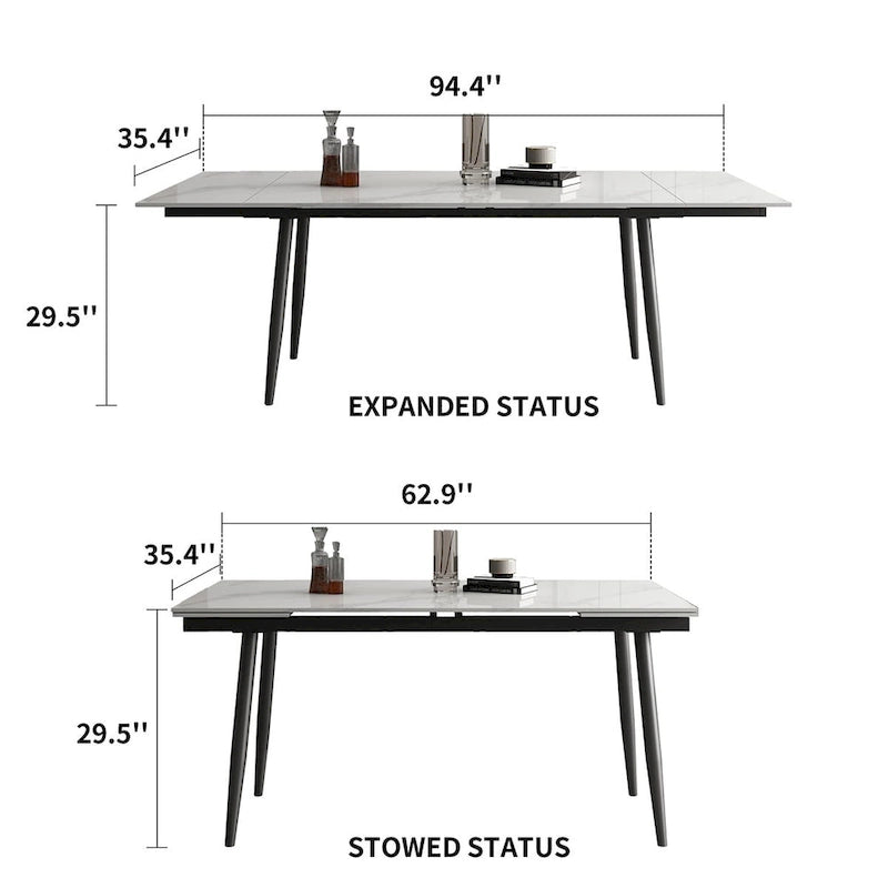 Set da pranzo da 9 pezzi con tavolo allungabile da 62.9 inch a 94.4 inch, piano in pietra sinterizzata e 8 sedie