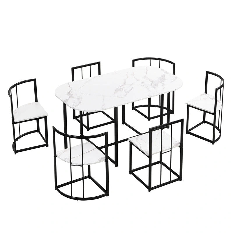 7-teiliges Mid-Century-Esszimmerset für 6 Personen, Küchentisch-Set mit Esstisch in Marmoroptik und 6 Stühlen