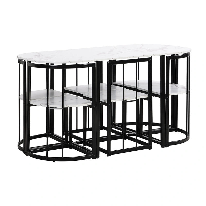 7-teiliges Mid-Century-Esszimmerset für 6 Personen, Küchentisch-Set mit Esstisch in Marmoroptik und 6 Stühlen