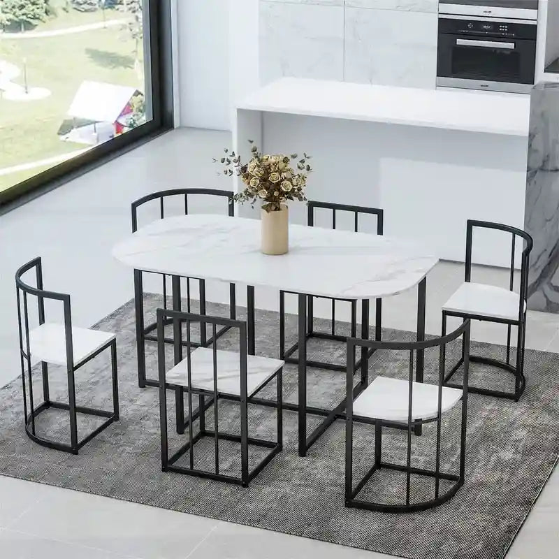7-teiliges Mid-Century-Esszimmerset für 6 Personen, Küchentisch-Set mit Esstisch in Marmoroptik und 6 Stühlen