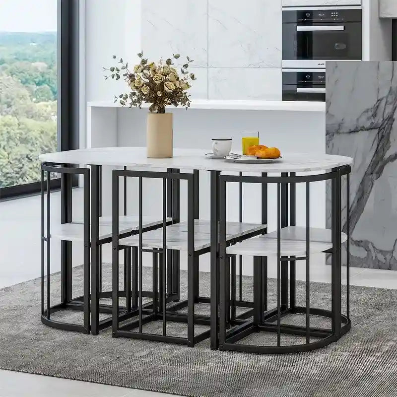 7-teiliges Mid-Century-Esszimmerset für 6 Personen, Küchentisch-Set mit Esstisch in Marmoroptik und 6 Stühlen