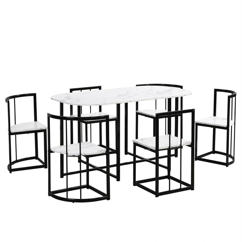 7-teiliges Mid-Century-Esszimmerset für 6 Personen, Küchentisch-Set mit Esstisch in Marmoroptik und 6 Stühlen