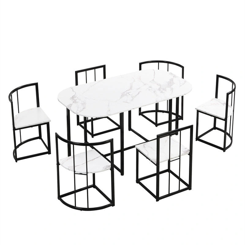 7-teiliges Mid-Century-Esszimmerset für 6 Personen, Küchentisch-Set mit Esstisch in Marmoroptik und 6 Stühlen