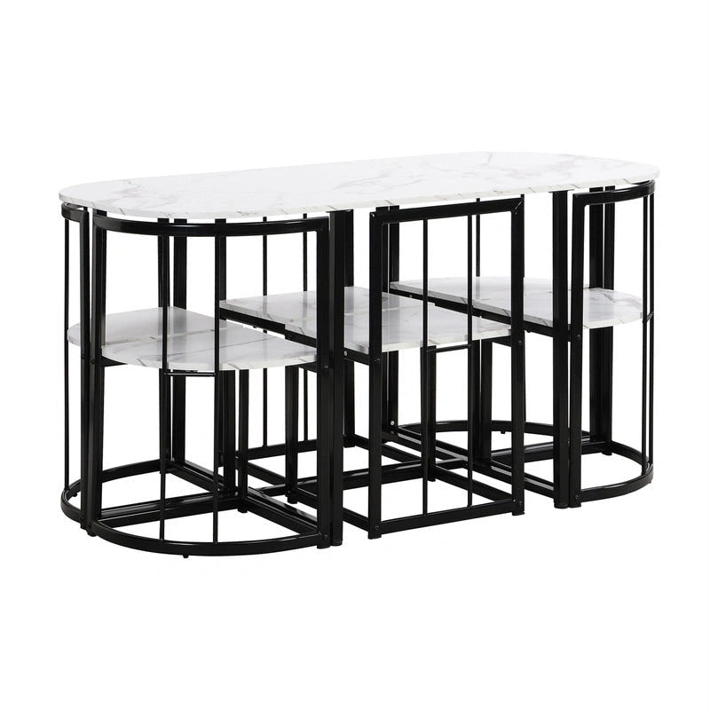 7-teiliges Mid-Century-Esszimmerset für 6 Personen, Küchentisch-Set mit Esstisch in Marmoroptik und 6 Stühlen