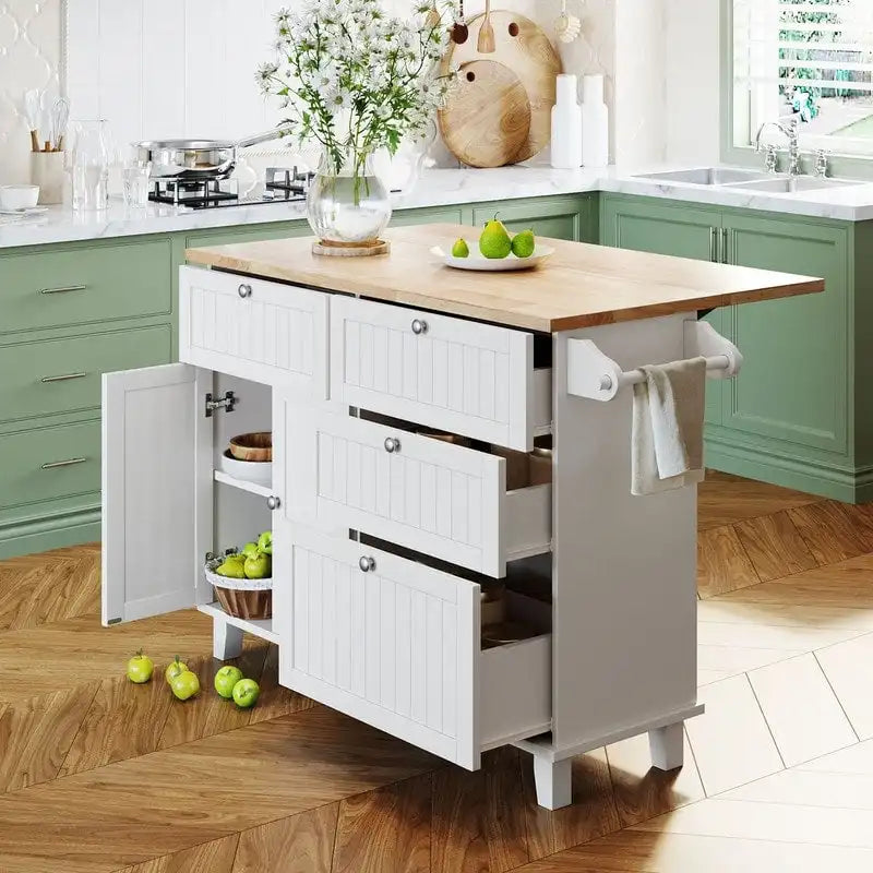 3-Piece Kitchen Island Set with Drop Leaf and 2 Seatings, Dining Table Set with Storage Cabinet, Drawers and Towel Rack
