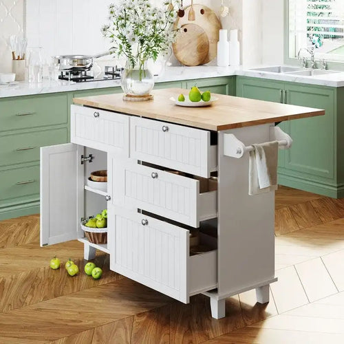 Juego de isla de cocina de 3 piezas con hoja abatible y 2 asientos, juego de mesa de comedor con gabinete de almacenamiento, cajones y toallero