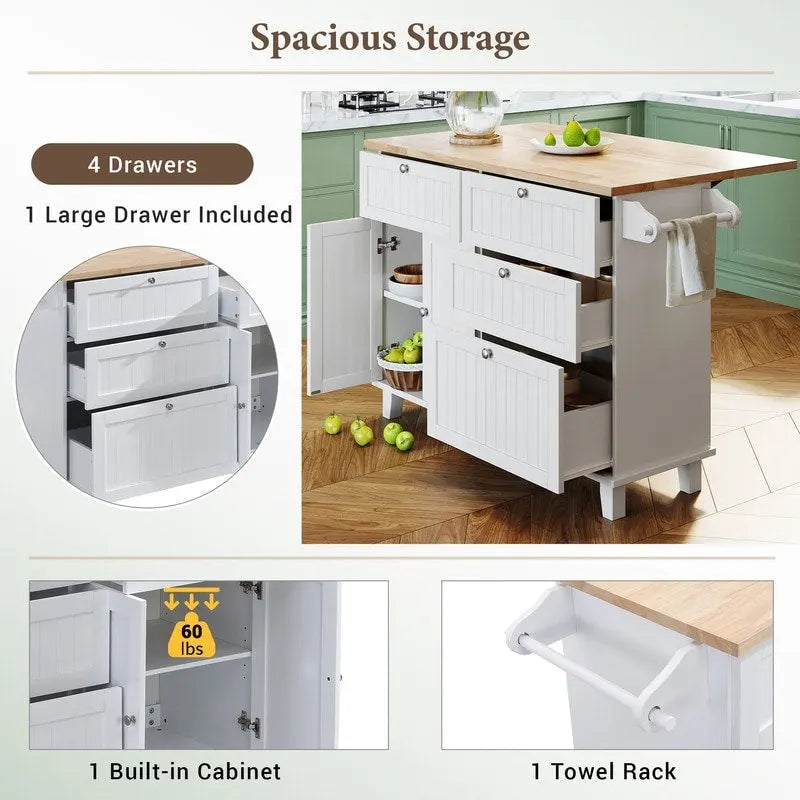 3-Piece Kitchen Island Set with Drop Leaf and 2 Seatings, Dining Table Set with Storage Cabinet, Drawers and Towel Rack