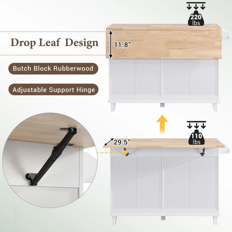 3-Piece Kitchen Island Set with Drop Leaf and 2 Seatings, Dining Table Set with Storage Cabinet, Drawers and Towel Rack