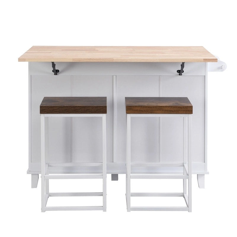3-Piece Kitchen Island Set with Drop Leaf and 2 Seatings, Dining Table Set with Storage Cabinet, Drawers and Towel Rack