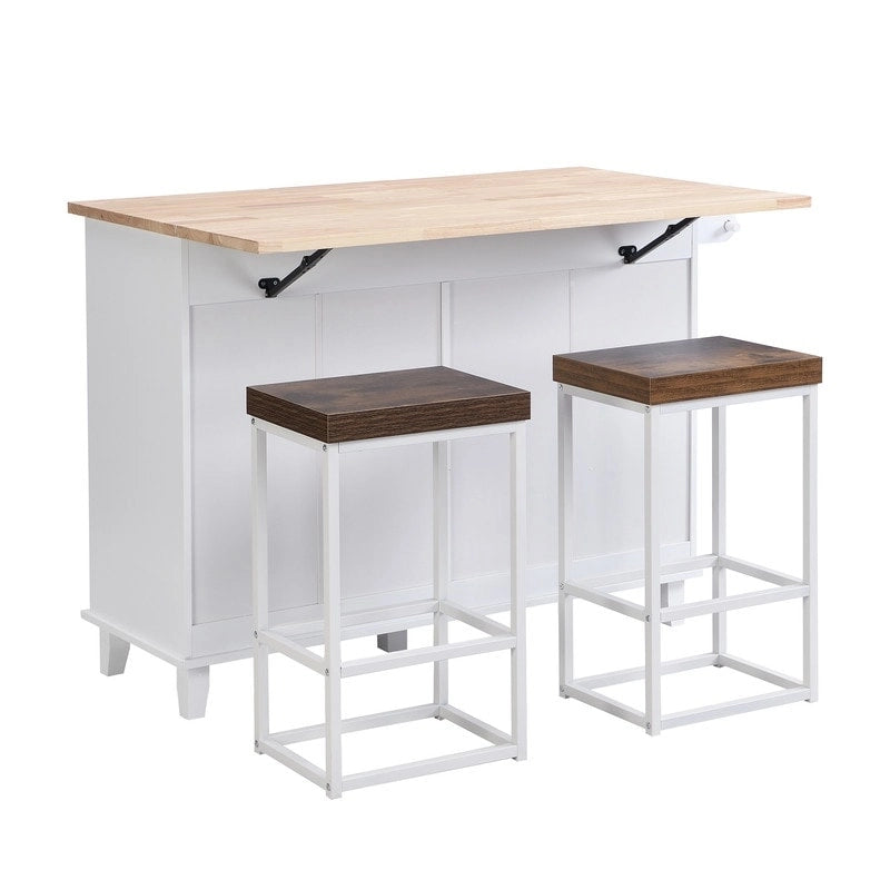 3-Piece Kitchen Island Set with Drop Leaf and 2 Seatings, Dining Table Set with Storage Cabinet, Drawers and Towel Rack