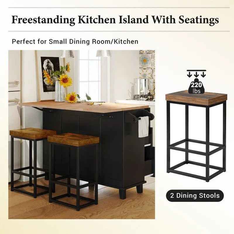 3-Piece Kitchen Island Set with Drop Leaf and 2 Seatings, Dining Table Set with Storage Cabinet, Drawers and Towel Rack