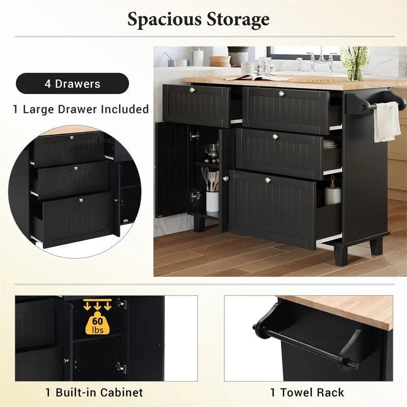 3-Piece Kitchen Island Set with Drop Leaf and 2 Seatings, Dining Table Set with Storage Cabinet, Drawers and Towel Rack