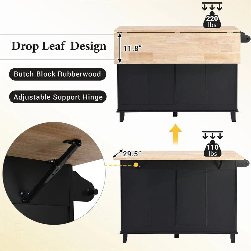 3-Piece Kitchen Island Set with Drop Leaf and 2 Seatings, Dining Table Set with Storage Cabinet, Drawers and Towel Rack