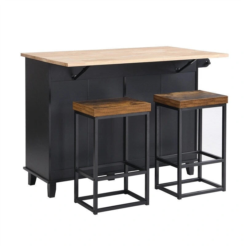 3-Piece Kitchen Island Set with Drop Leaf and 2 Seatings, Dining Table Set with Storage Cabinet, Drawers and Towel Rack