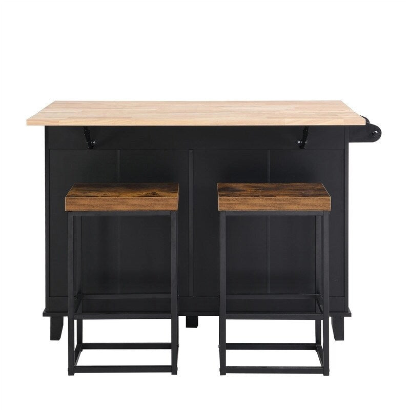 3-Piece Kitchen Island Set with Drop Leaf and 2 Seatings, Dining Table Set with Storage Cabinet, Drawers and Towel Rack