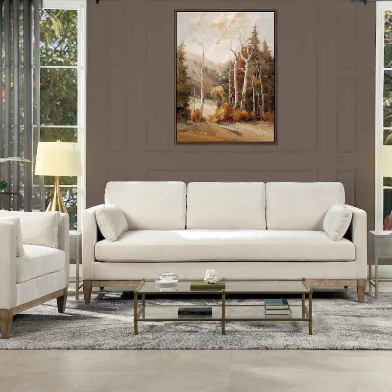 Nowoczesna sofa w stylu farmhouse Knox 84 z aksamitnym obiciem i podłokietnikami typu track