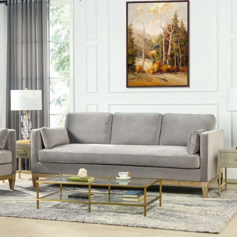 Nowoczesna sofa w stylu farmhouse Knox 84 z aksamitnym obiciem i podłokietnikami typu track