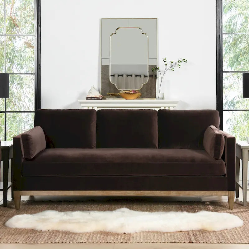 Nowoczesna sofa w stylu farmhouse Knox 84 z aksamitnym obiciem i podłokietnikami typu track